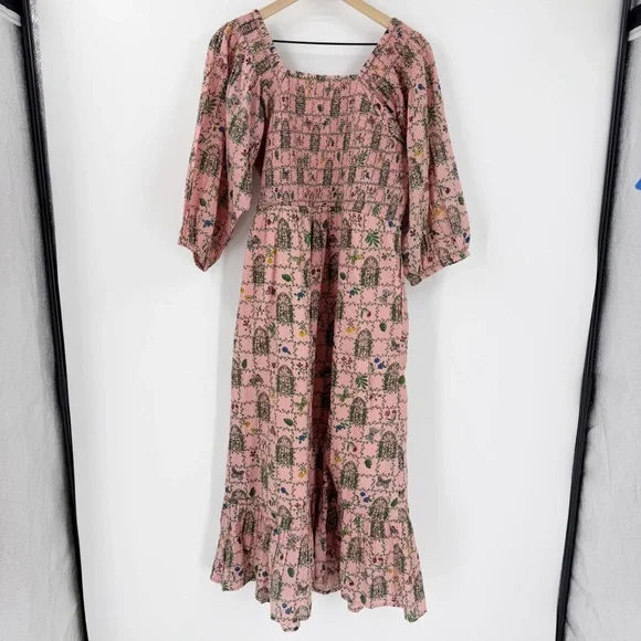 NWT Printfresh Florence Dress Gilded Greenhouse Print L Organic Cotton Midi Pink - Picture 10 of 10